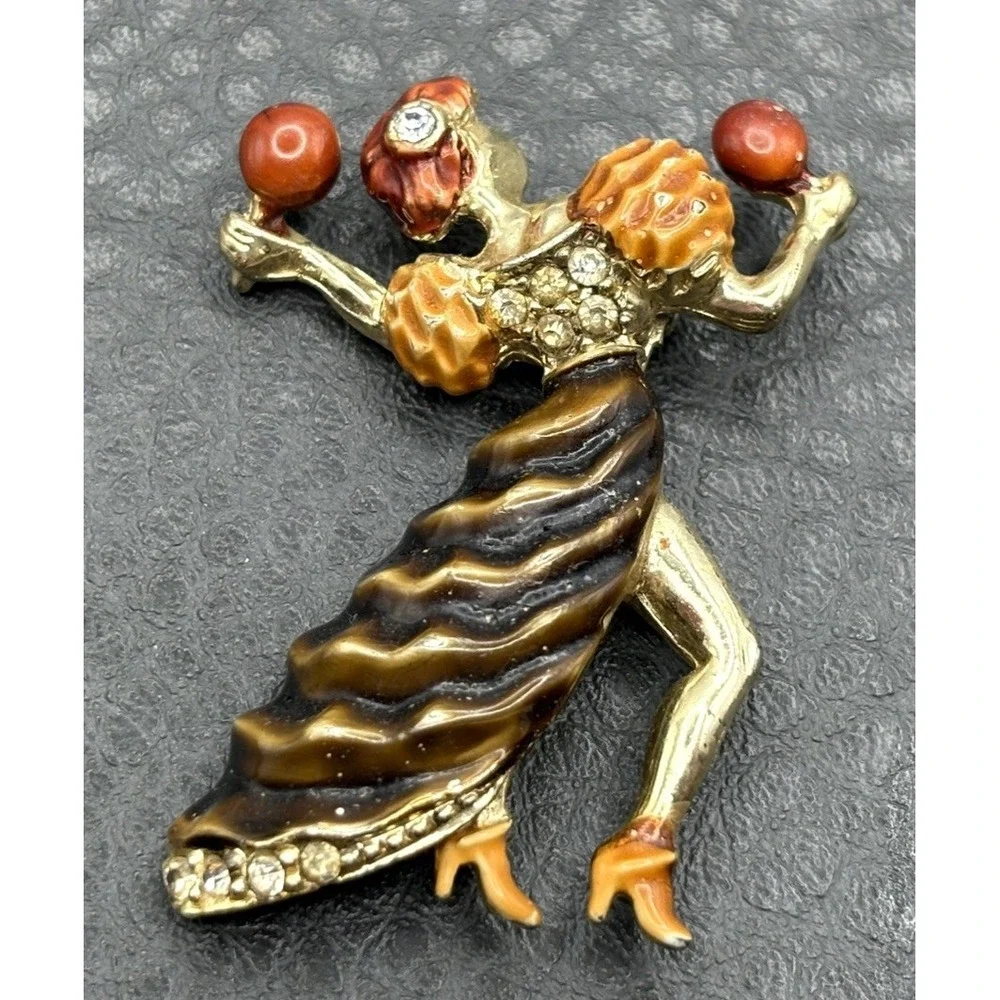 Vintage Cha Cha Dancer Rhumba Maracas Rhinestone Enamel Brooch Pin